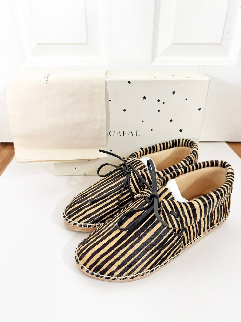 NWB THE GREAT. Canyon Moccasin Loafer Safari Stripe Pony Hair 9